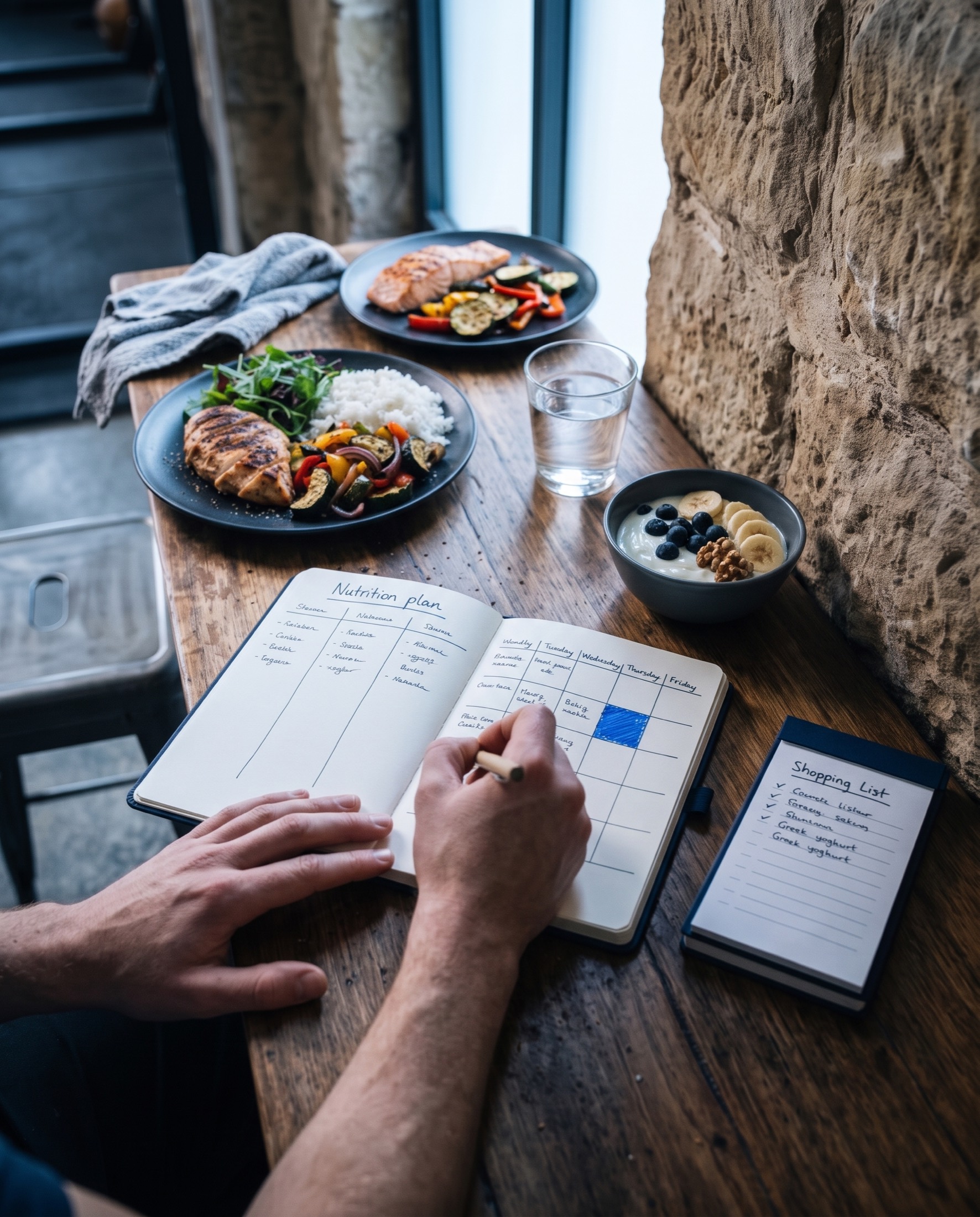 A nutrition plan written by hand in a notebook on the wooden bar in the IRONSKY lounge: three columns and a weekly meal grid, with grilled chicken and rice, salmon with roasted vegetables, a bowl of Greek yoghurt with fruit, a glass of water and a shopping list beside it.