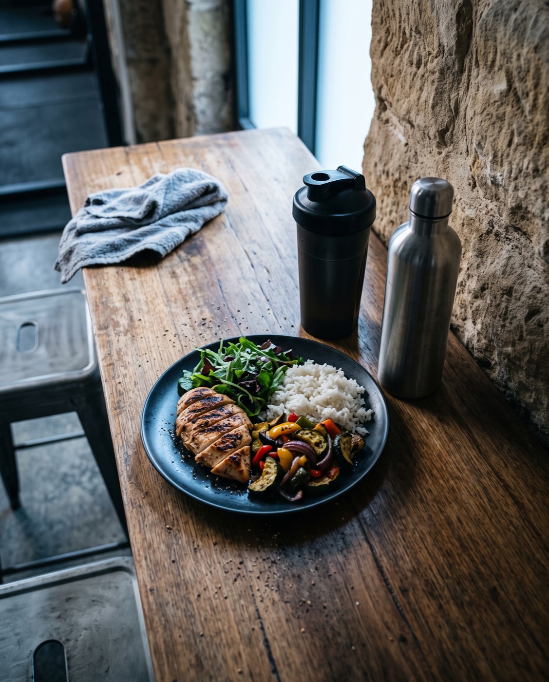 A post-workout plate of grilled chicken, rice and vegetables on the wooden bar in the gym lounge, with a shaker and water bottle.