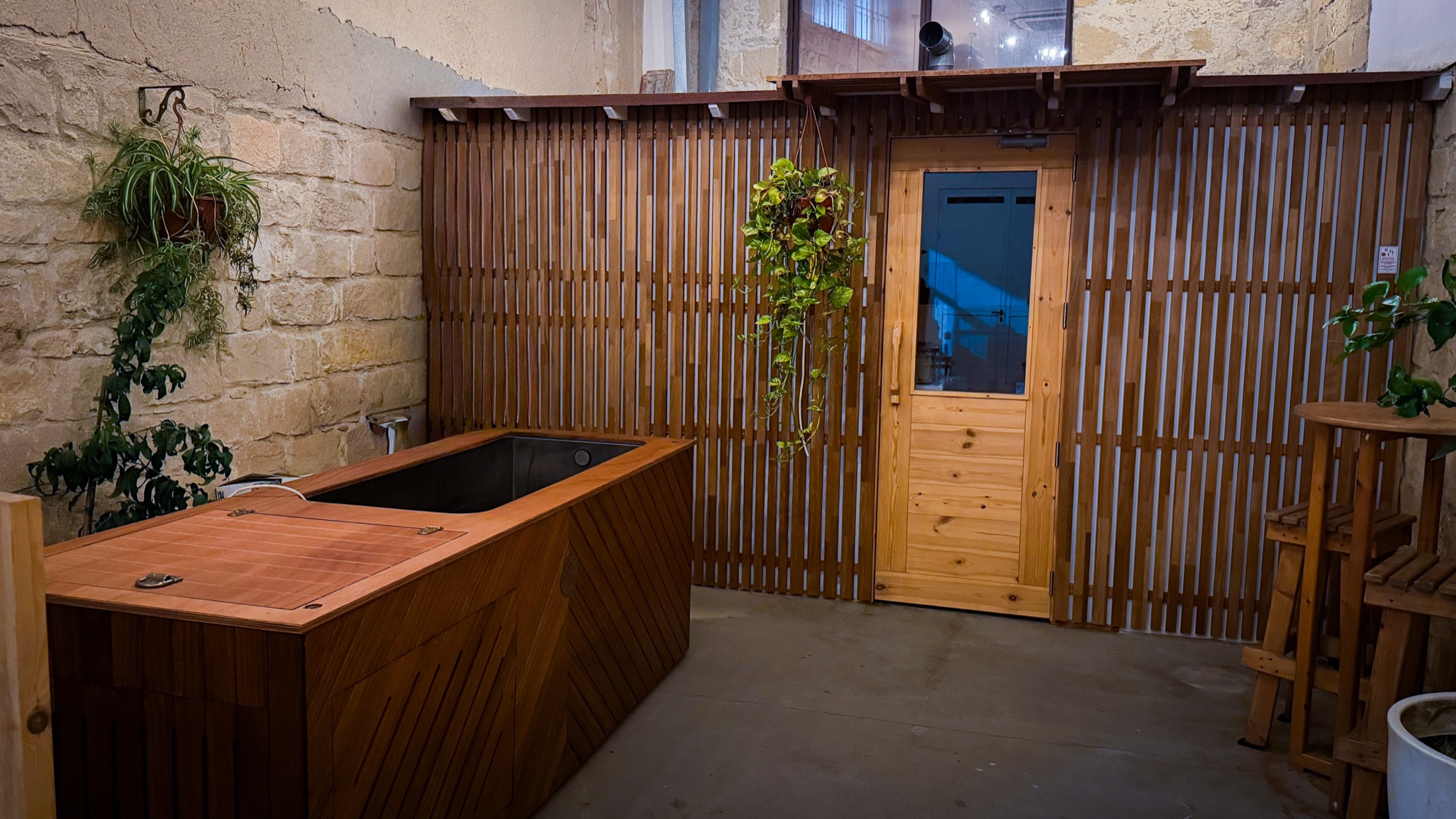 The IRONSKY recovery zone: the cold plunge tub on the terrace and the sauna door behind it.