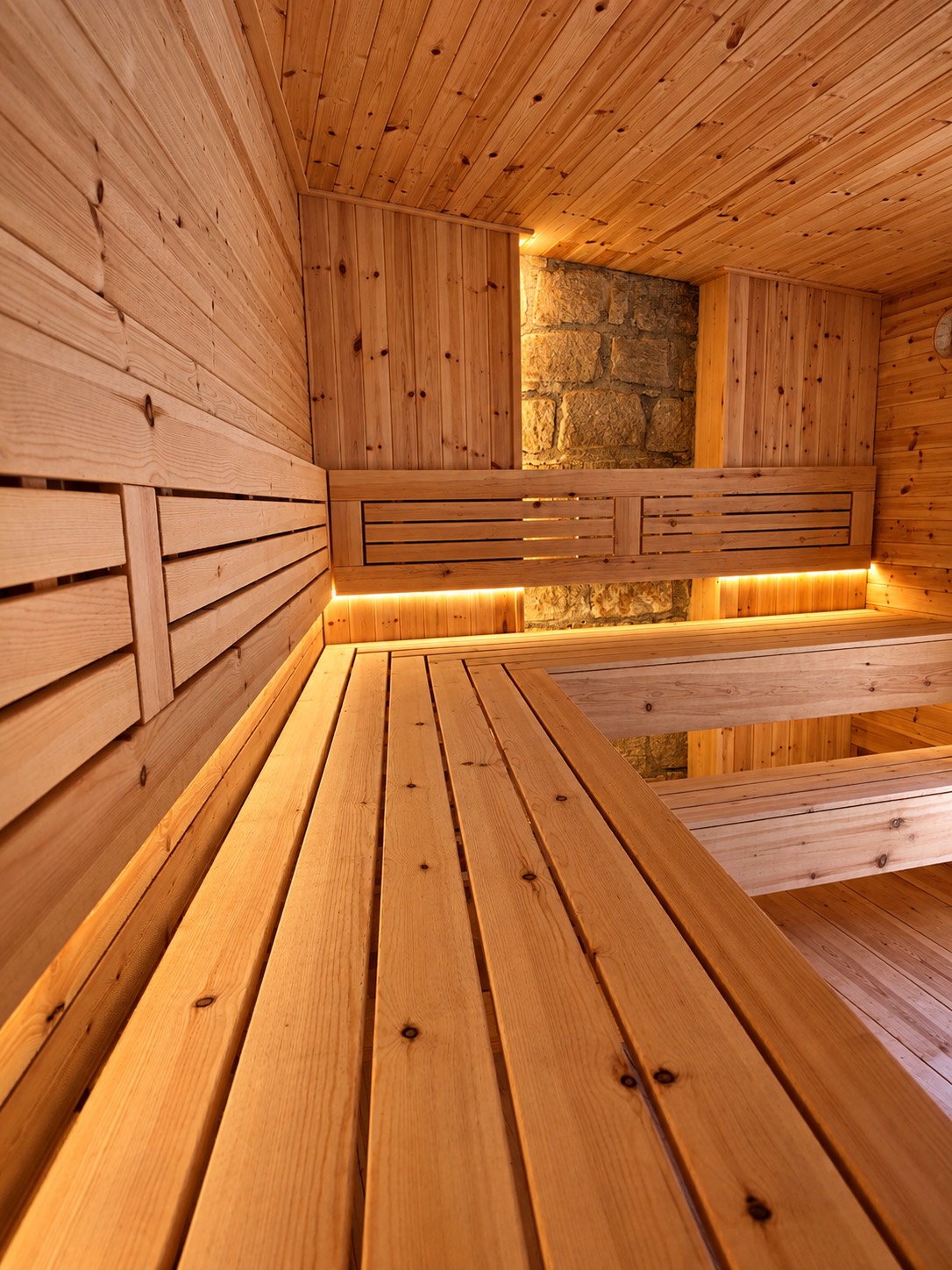 The sauna benches lit from below, pale wood against the stone wall.
